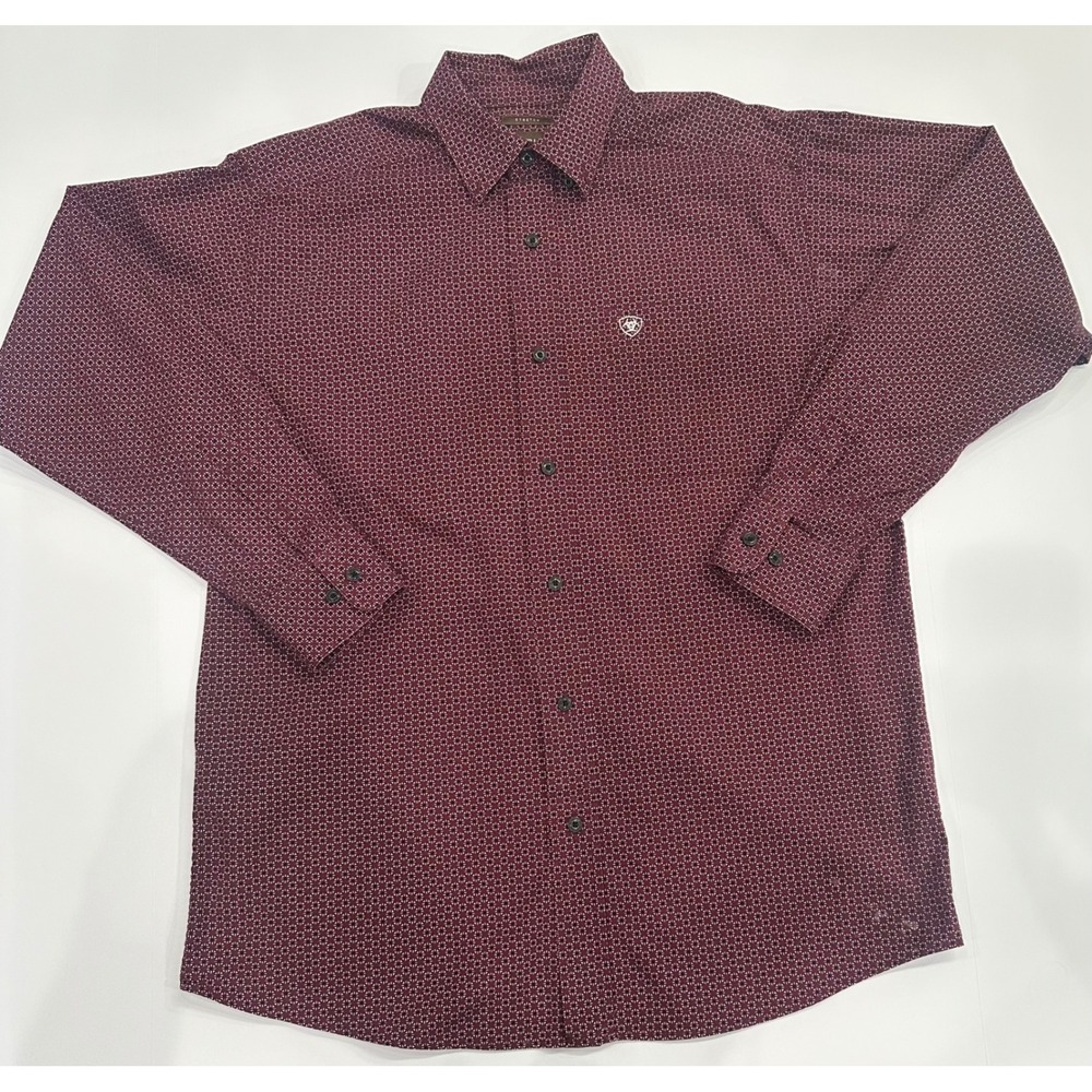 Ariat Mens Long Sleeve Button Down Shirt Burgundy Geometric Stretch Size M
